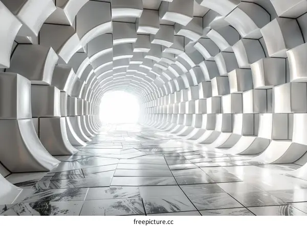 Futuristic tunnel with glowing light at the end