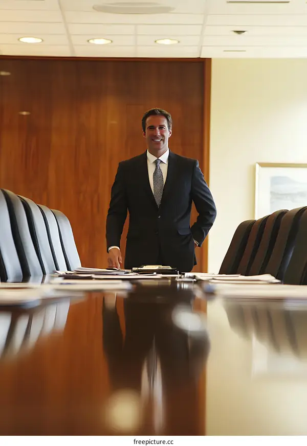 Smiling Businessman Standing at Conference Table