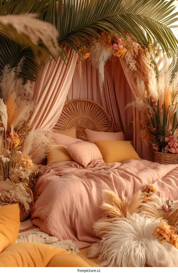 Bohemian Bedroom Decor With Palm Leaves and Dried Flowers