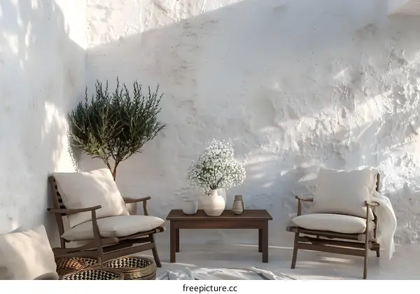 Minimalist Patio With White Wall and Wooden Chairs