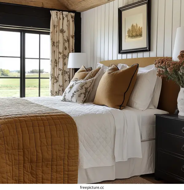 Rustic Farmhouse Master Bedroom with Mustard Yellow Bedding
