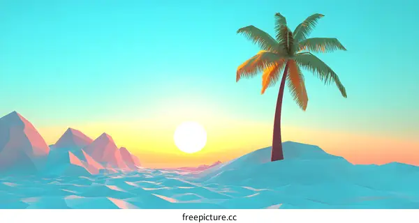 Low Poly Sunset Beach with Palm Tree