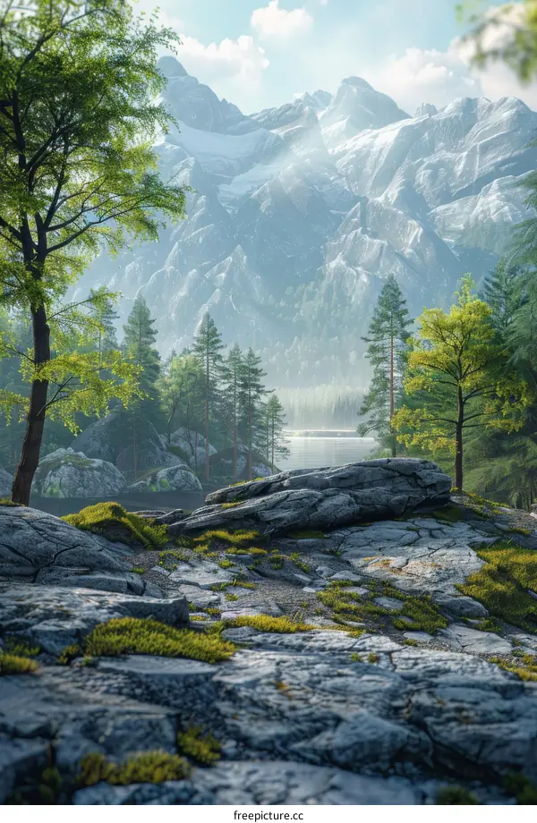 Majestic Fantasy Landscape with Mountains, Lake, and Trees