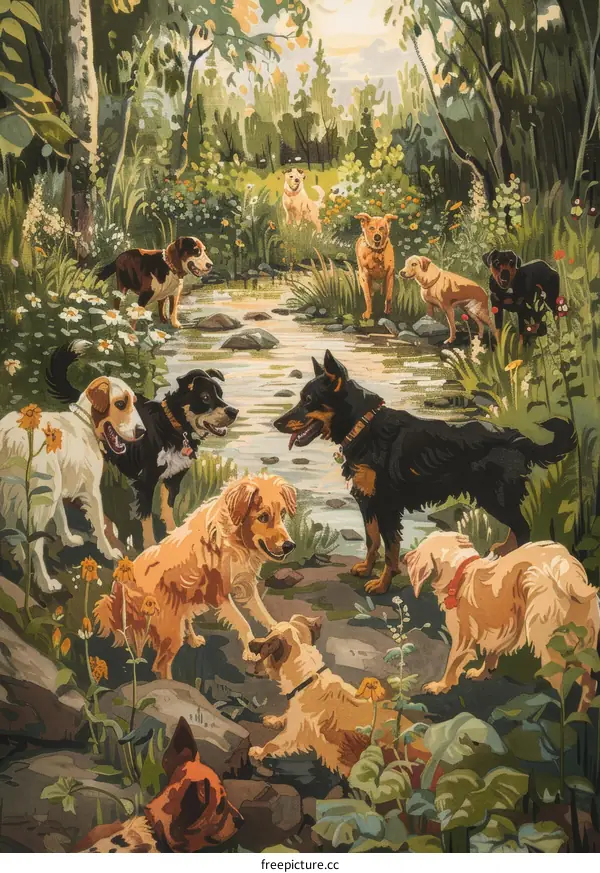 A Tapestry of Dogs in a Forest Clearing