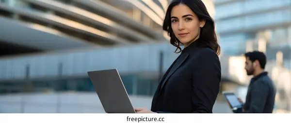Woman In Black Blazer Working on Laptop Outside Office Building