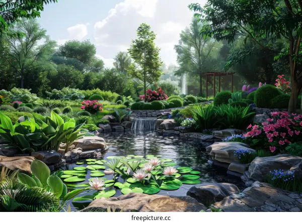A Colorful Oasis: A Garden with Flowers, Trees, and a Tranquil Pond