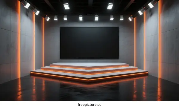 Modern studio stage with black screen and orange lighting