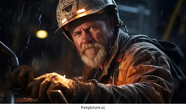 Industrial Worker in Rain Inspecting Equipment