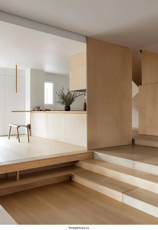 Modern Minimalist Kitchen and Living Room Interior Design with Wooden Floors and Stairs