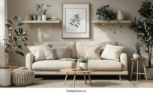 Modern Beige Living Room with Plants and Light Wooden Furniture