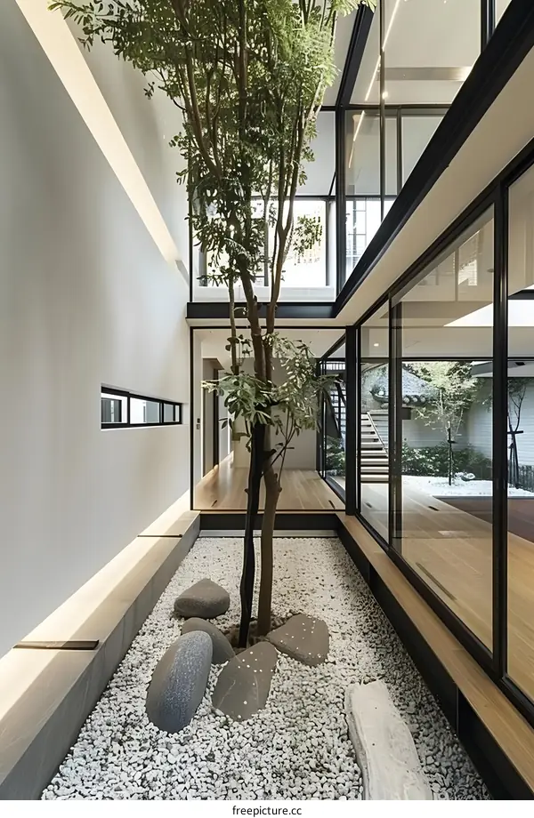 Modern Minimalist Interior Design with Green Tree and White Pebbles