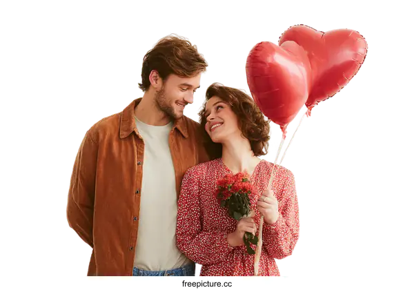[Transparent Background PNG]Happy young couple holding heart balloons and flowers
