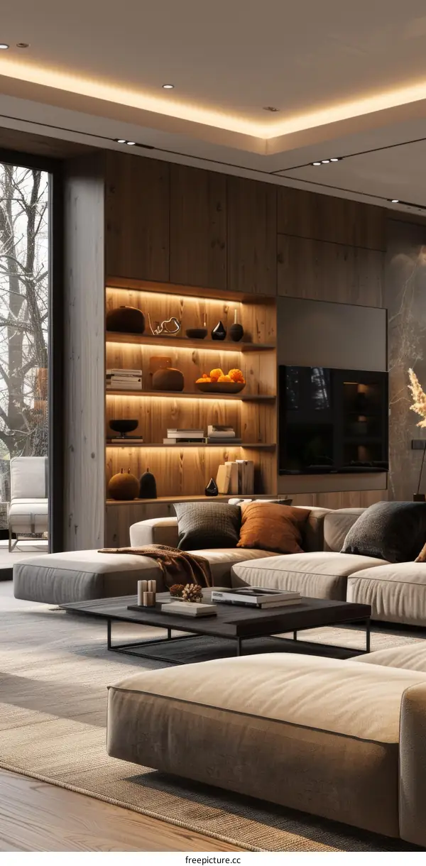 Modern and Minimalist Living Room Interior Design with Large Windows and Wooden Shelves