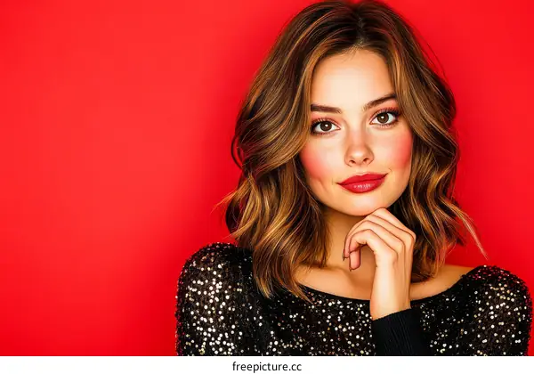 Beautiful Woman in a Sparkling Dress Against a Red Background
