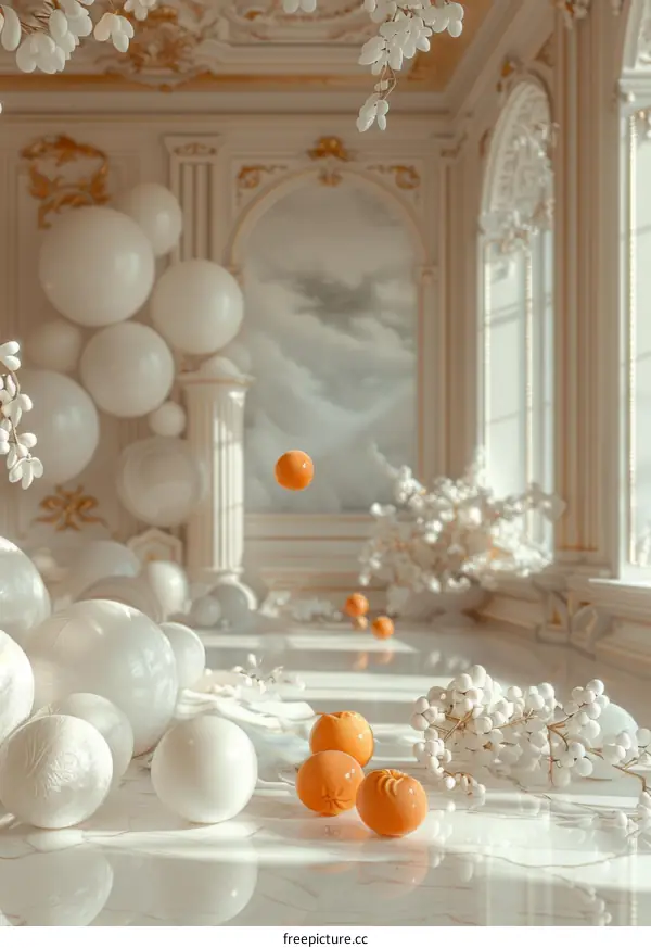 Elegant Interior Design with Floating Fruits and Balloons