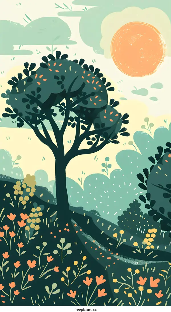 Illustrated Landscape with Sun, Tree and Flowers