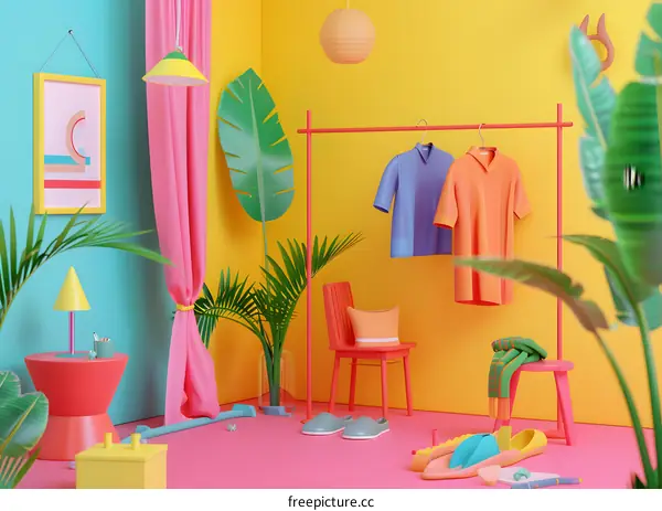 Colorful 3D Illustration of a Room Interior with Plants and Furniture