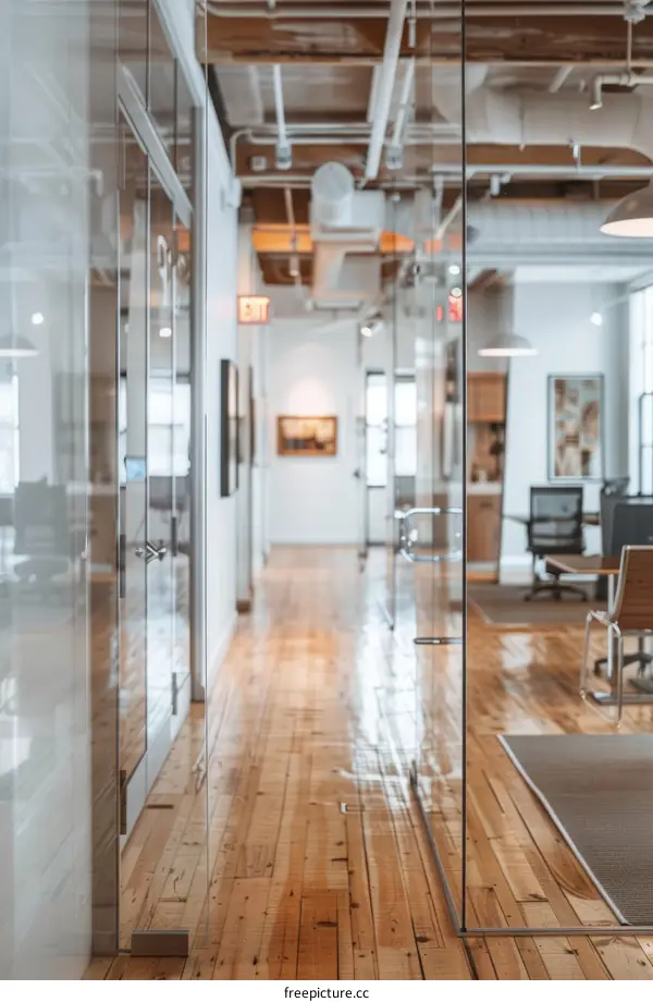 Empty Glass-Walled Corridor with Gleaming Wooden Floors