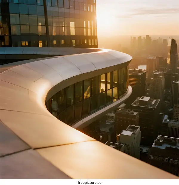 Modern Curved Building Edge with City Skyline at Sunset