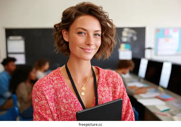 Teacher in a classroom with students in the background