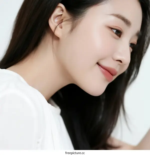 A close-up view of a woman with long dark hair and a white top