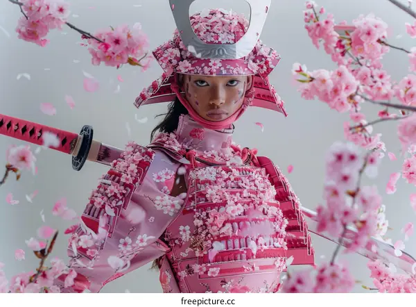 A woman wearing a pink samurai armor with cherry blossoms