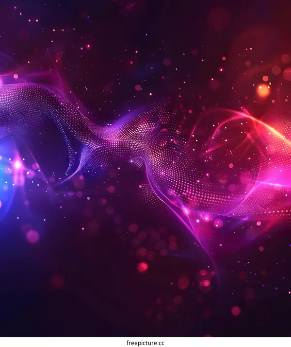 Colorful abstract background with glowing particles and light effects.