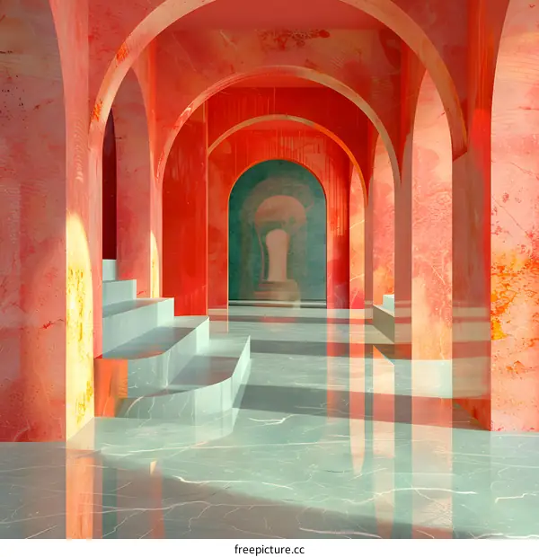 Red and White Archway Corridor Vanishing Point