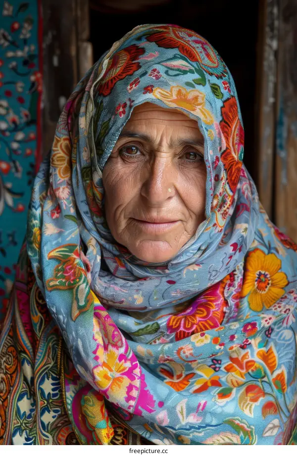 Portrait of a woman in a colorful headscarf