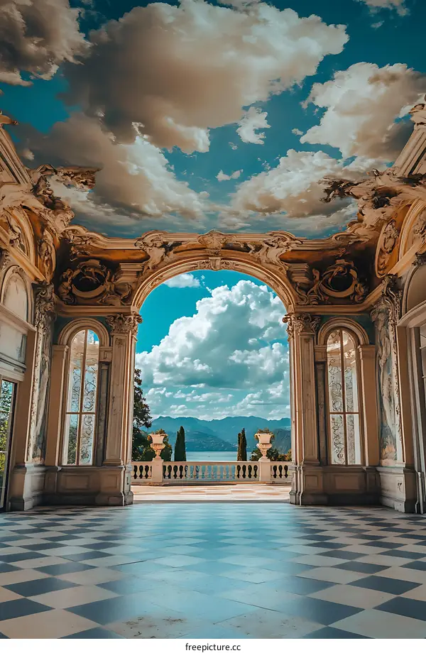 View from an Ornate Archway with a Checkered Floor