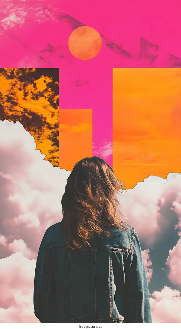 Woman in Denim Jacket Looking at Sunset Collage