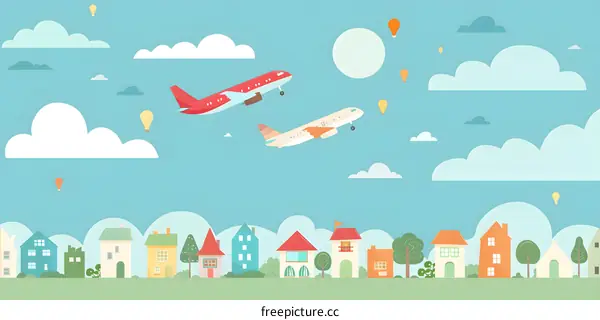 Cartoon Illustration of a Town with Airplanes Flying in the Sky