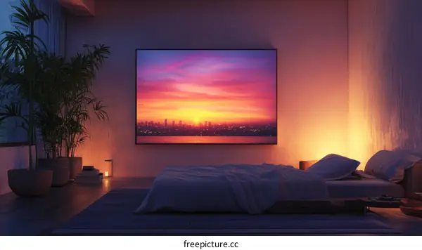 Bedroom Interior Design with Sunset Cityscape Artwork