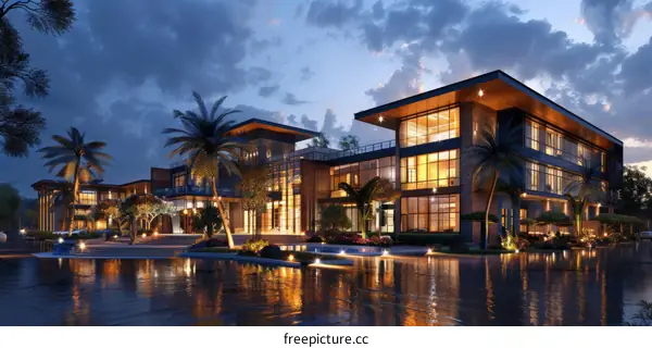 A modern office building with a reflecting pool in front of it.