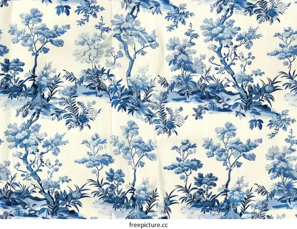 Blue and White Chinoiserie Landscape with Trees and Birds