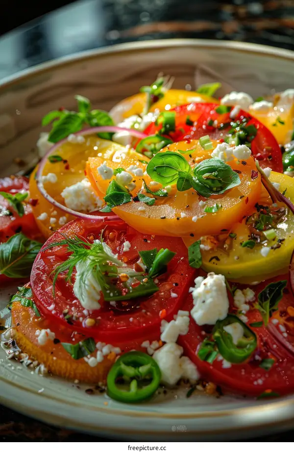 Heirloom tomato salad with goat cheese, basil, and chili