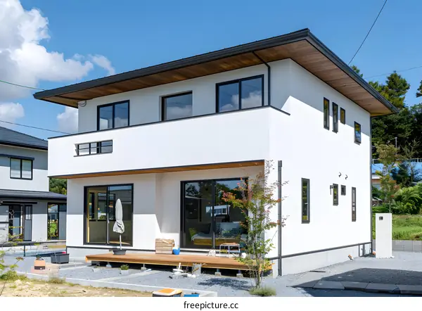 Modern Two Story House With White Exterior And Wood Trim