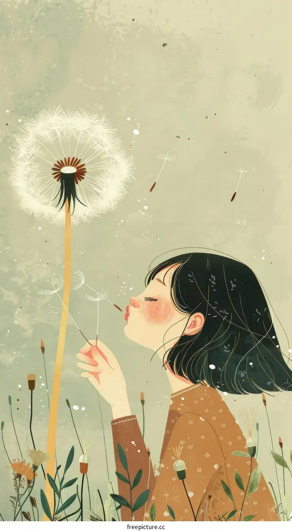 girl blowing dandelion illustration