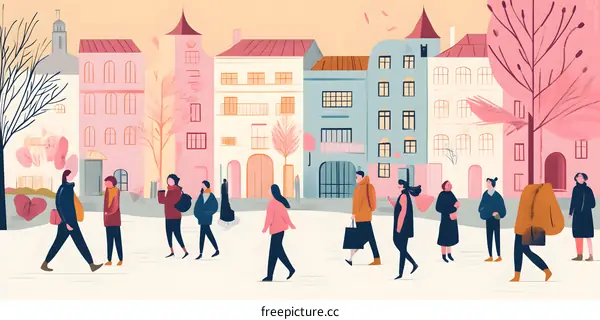 Colorful Illustration of People Walking in a City Street