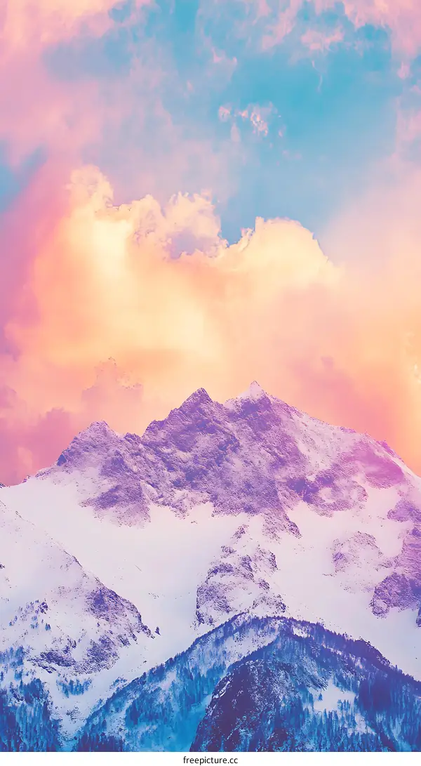 Snowy Mountain Peak with Pink Sunset Clouds