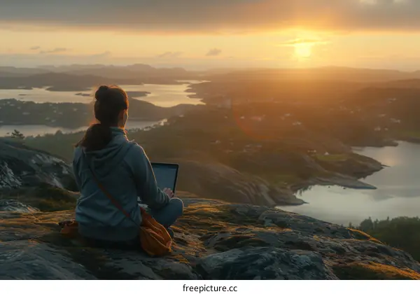 Woman on the mountaintop using laptop admires sunset over the lake