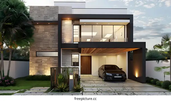 Modern Two Story House with Stone Facade