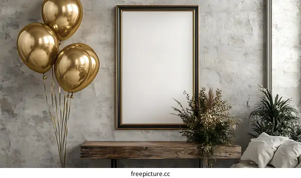 Empty Gold Frame Mockup with Balloons and Plants Interior