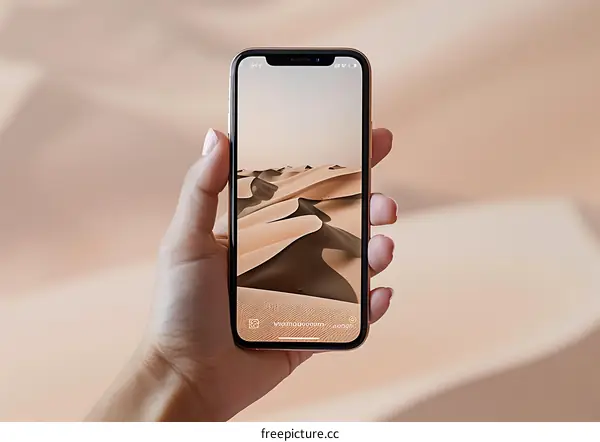 Hand Holding Smartphone With Desert Landscape Background