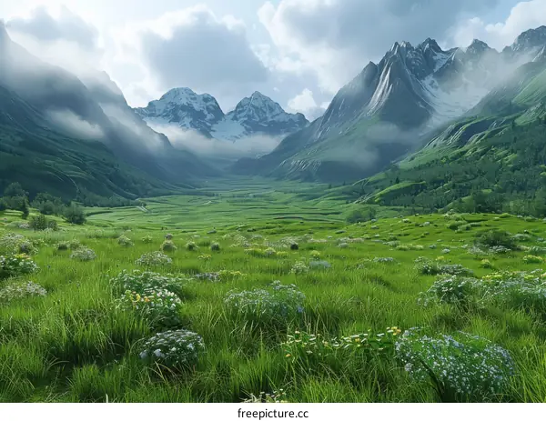 A Verdant Valley Cradled by Towering Snow-Capped Mountains