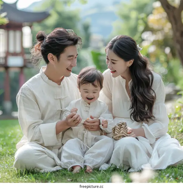 A happy family of three is playing in the park.