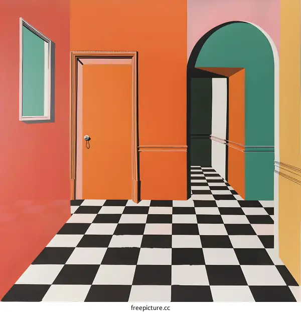 Abstract Illustration of a Checkered Floor With a Door and a Window