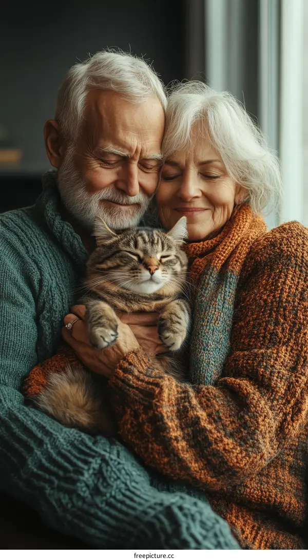 Loving Couple and their Cat in Cozy Sweaters