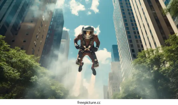 A man is flying with a jetpack in the city