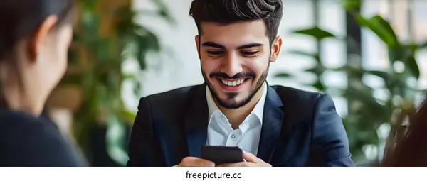 Smiling Man Looking at Phone in Cafe